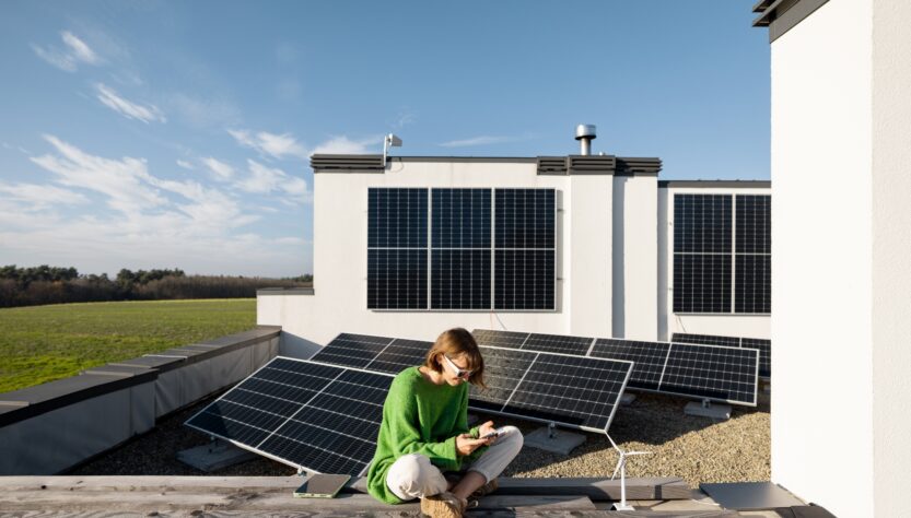 Woman on the roof of her house with a solar plant