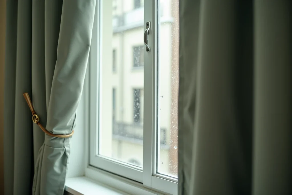 Gros plan sur des rideaux occultants et isolants thermiques en vert sauge avec doublure isolante visible et tringle en bois dans un appartement urbain