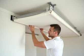 Poseur professionnel installant un plafond en toile tendue dans un appartement pour cacher des traces de dégâts des eaux