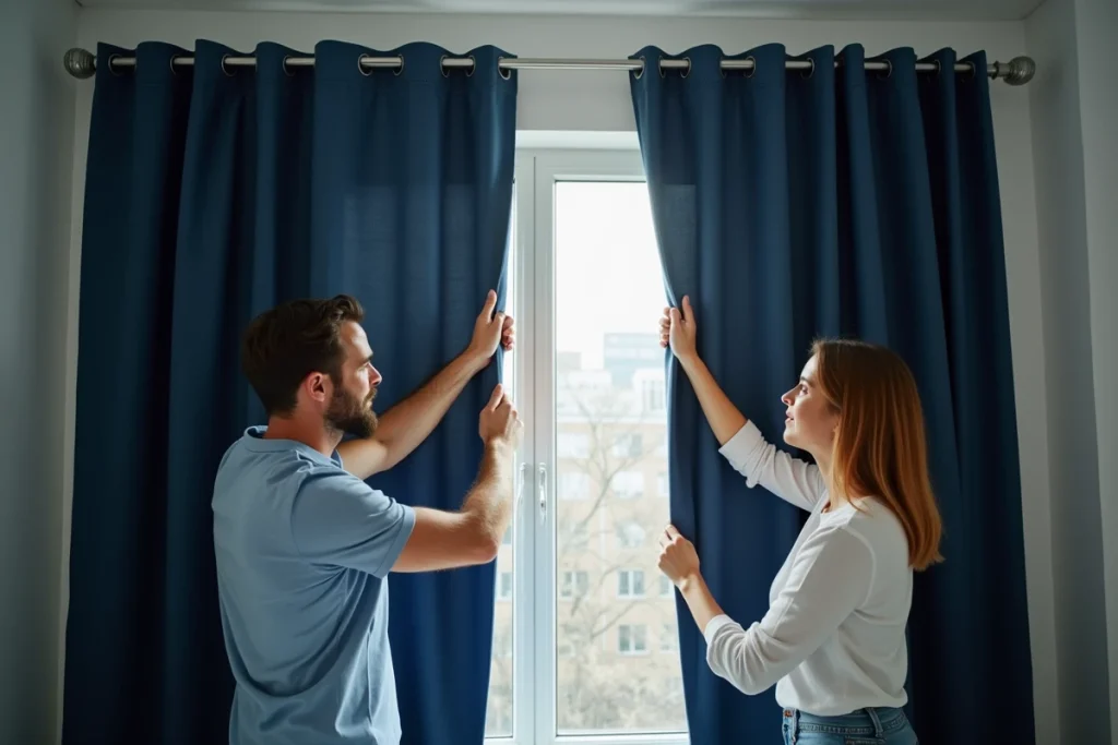 Couple installant des rideaux occultants bleu marine dans une chambre d'appartement mitoyenne pour améliorer l'isolation acoustique et thermique