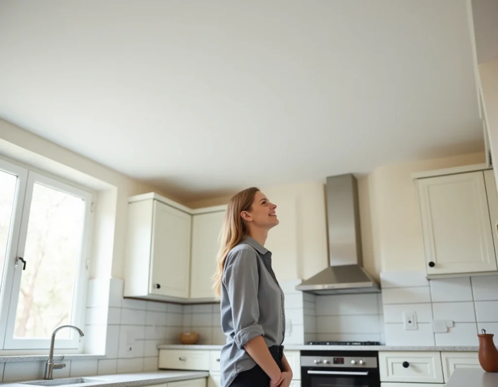 Femme satisfaite admirant son nouveau plafond tendu blanc dans une cuisine rénovée après des dégâts des eaux