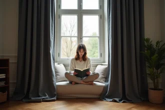 Femme lisant près d'une fenêtre équipée de rideaux occultants épais en gris anthracite dans un intérieur cosy et silencieux