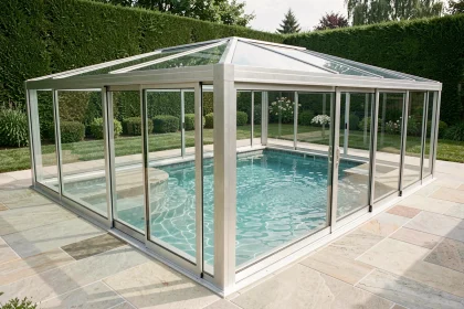 Abri de piscine en verre et aluminium entourant une piscine extérieure dans un jardin soigné