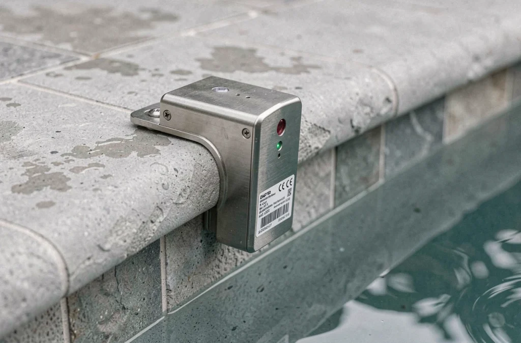 Détail d'une alarme de piscine en acier inoxydable fixée sur le bord d'une piscine enterrée carrelée avec voyant LED de signalisation