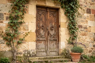 Ancienne porte en bois sculptée avec ferronnerie forgée sur façade en pierre d'une maison de campagne française