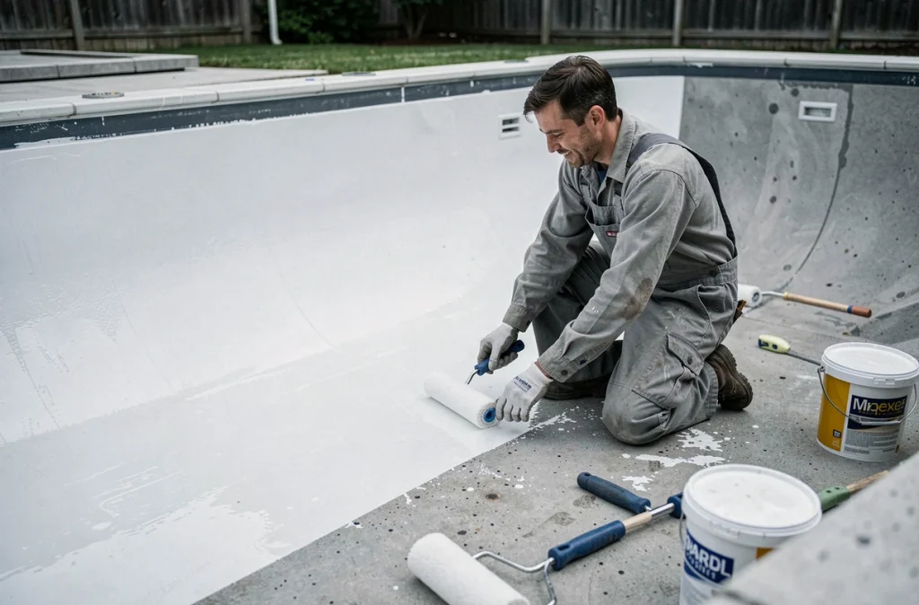 Ouvrier appliquant un revêtement époxy blanc sur les parois d'une piscine vide en béton