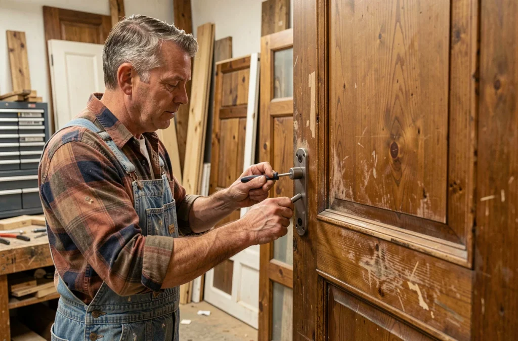 Artisan installant une serrure de sécurité moderne sur une ancienne porte en bois restaurée dans un atelier