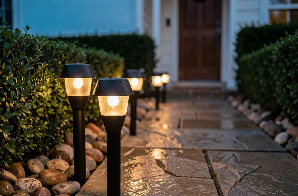 Bornes solaires LED le long d'un chemin en pierre vers une entrée de maison au crépuscule