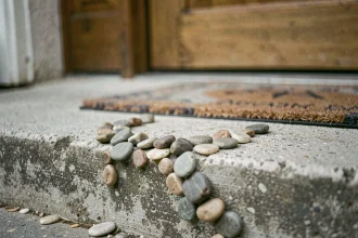 Cailloux disposés en motif suspect devant une porte d'entrée résidentielle, signe potentiel de marquage de cambrioleur