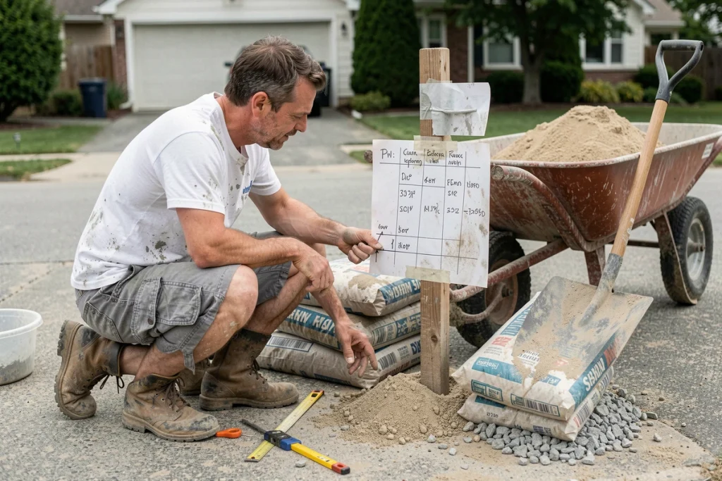 Propriétaire calculant les proportions de dosage béton à la pelle avec sable, ciment et gravier pour une terrasse