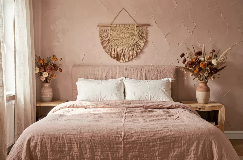 Chambre bohème chic avec tête de lit en lin blush contre un mur rose poudré et décoration en rotin et fleurs séchées