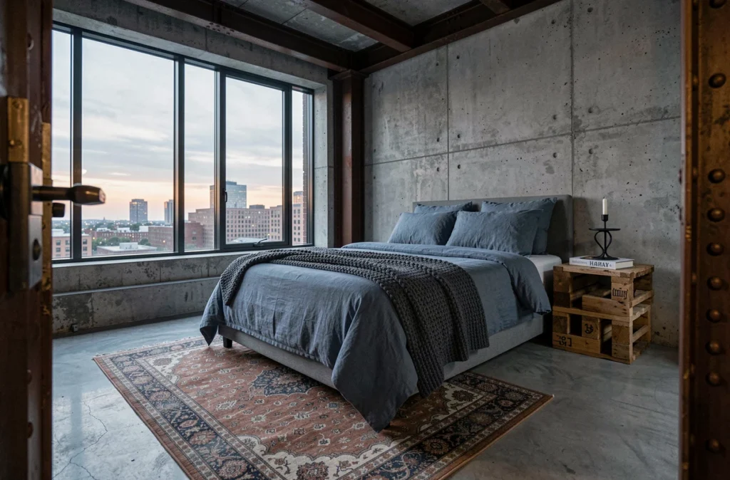 Chambre style industriel avec linge de lit bleu ardoise, poutres en acier apparent et vue urbaine au crépuscule