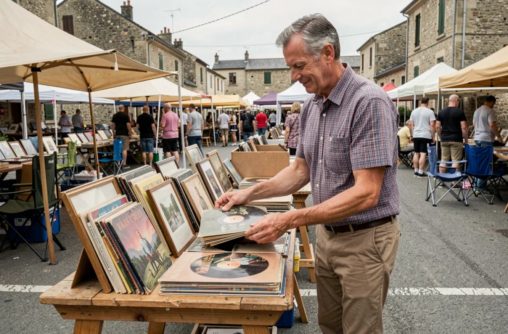 Homme chinant des vinyles et des livres anciens sur un vide grenier à Montpellier