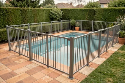 Clôture de sécurité en aluminium anthracite entourant une piscine familiale enterrée dans un jardin résidentiel avec portillon à fermeture automatique