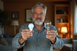Homme comparant une ampoule LED à petit culot avec une ampoule incandescente classique dans un salon
