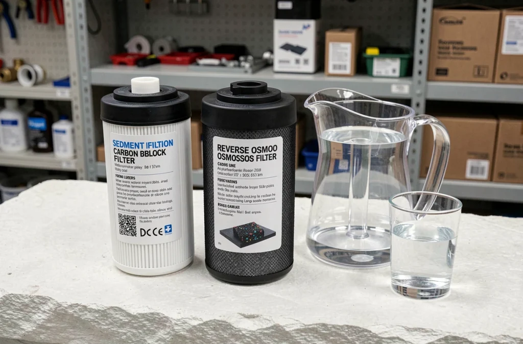 Comparaison de différents types de cartouches et systèmes de filtration d'eau posés sur une surface en pierre blanche