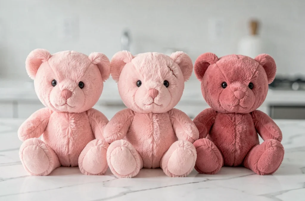 Trois oursons en peluche rose alignés sur un comptoir en marbre blanc montrant des différences de teinte et de qualité de fourrure