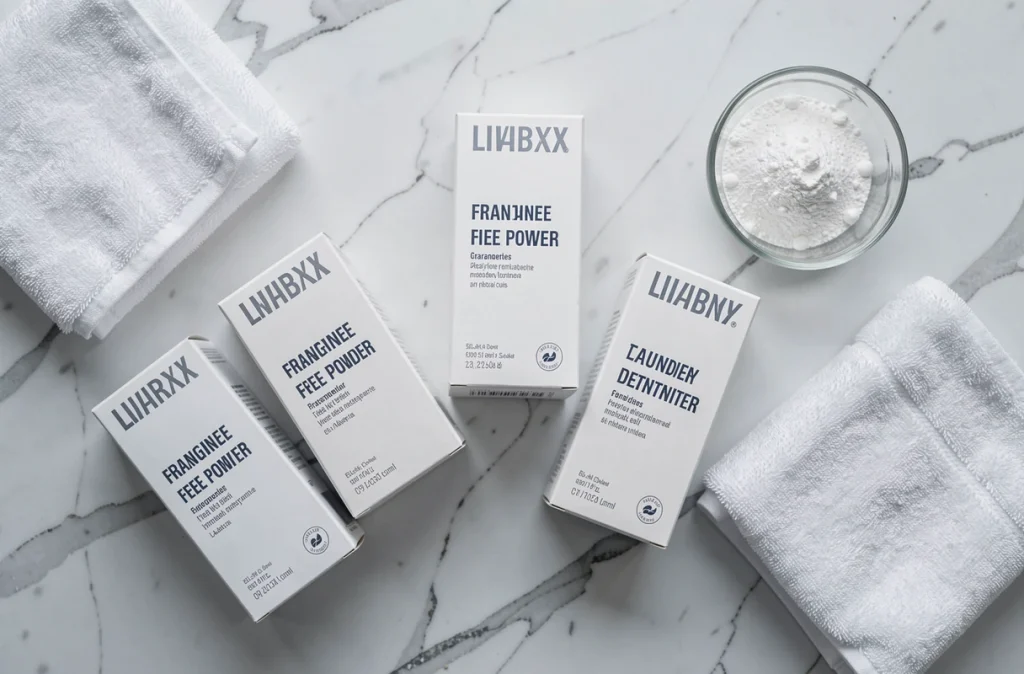 Comparatif de boîtes de lessive en poudre sans parfum posées sur un plan de travail en marbre blanc avec serviettes pliées