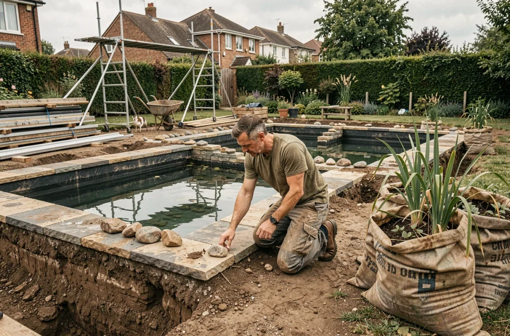 Paysagiste posant des pierres lors de la construction d'une piscine naturelle avec zone de filtration végétale dans un jardin résidentiel