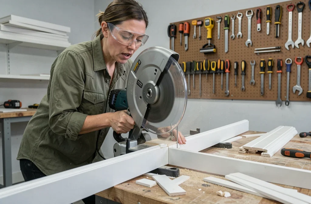 Femme utilisant une scie à onglet manuelle pour couper une plinthe en bois à 45 degrés dans un atelier de garage