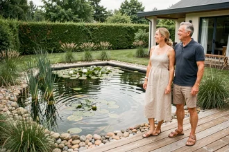 Couple de propriétaires admirant leur piscine naturelle avec zone de régénération plantée d'aquatiques dans un jardin privé