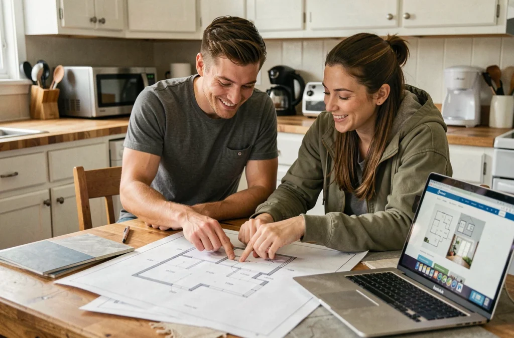 Couple planifiant la personnalisation de leur maison autour de plans et d'échantillons de matériaux