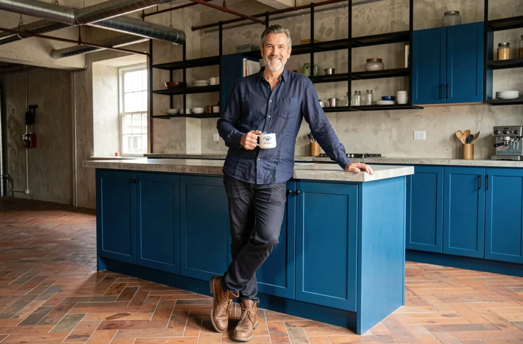 Homme dans une cuisine loft industrielle avec placards bleu cobalt, béton et étagères en acier noir