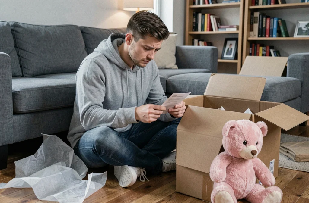 Homme déballant un ourson en peluche rose avec une expression déçue, entouré d'un colis ouvert sur le parquet d'un salon