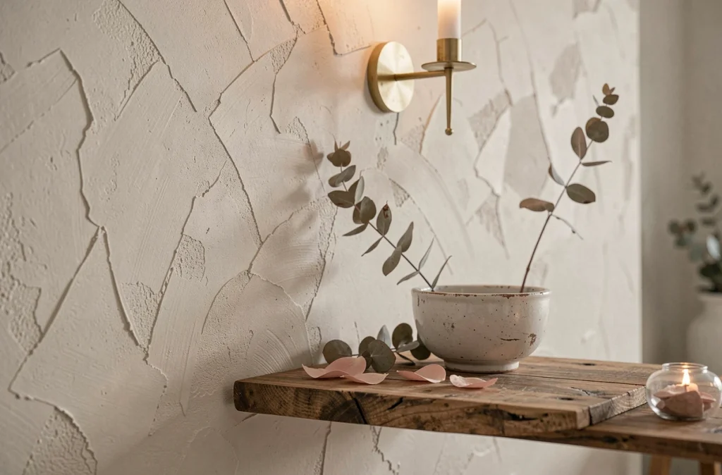 Gros plan sur une étagère en bois brut fixée sur un mur rose poudré avec bol en céramique et branche d'eucalyptus séchée