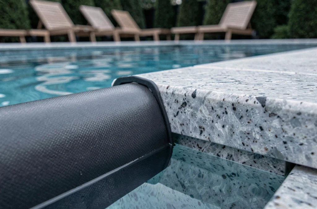 Détail du revêtement liner PVC anthracite d'une piscine avec margelle en granit gris