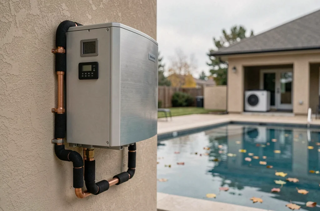 Détail d'une pompe à chaleur air-eau installée sur un mur extérieur avec tuyaux cuivre pour piscine