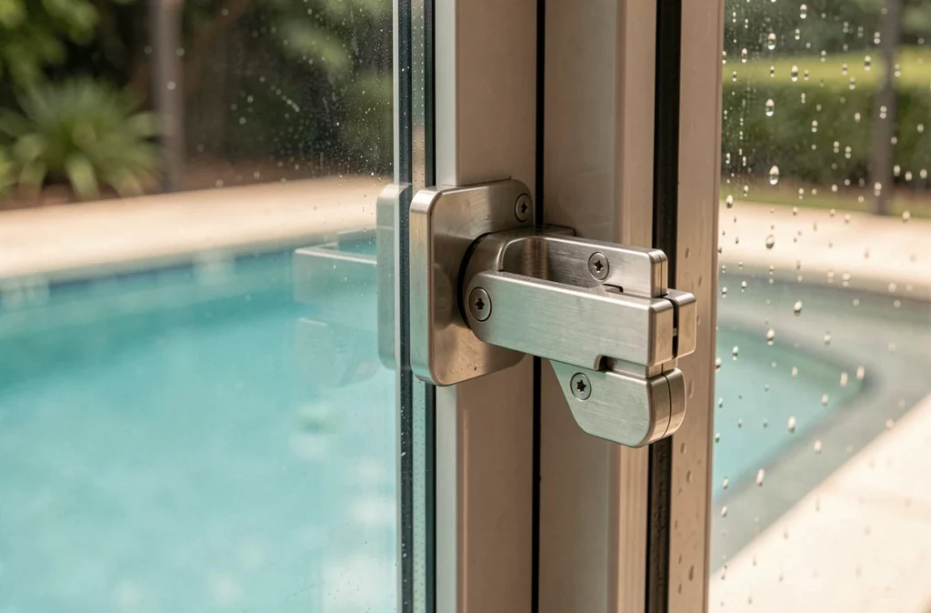 Détail du mécanisme de verrouillage et de sécurité d'un abri de piscine en verre