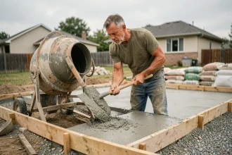 Ouvrier dosant le béton à la pelle depuis une bétonnière sur un chantier de terrasse résidentielle