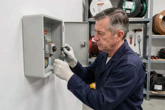 Électricien inspectant un contacteur jour nuit usé dans un tableau électrique ouvert