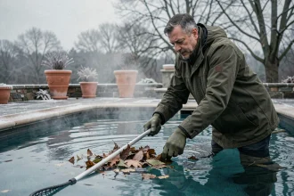Homme entretenant une piscine extérieure en hiver en retirant les feuilles mortes avec un filet téléscopique