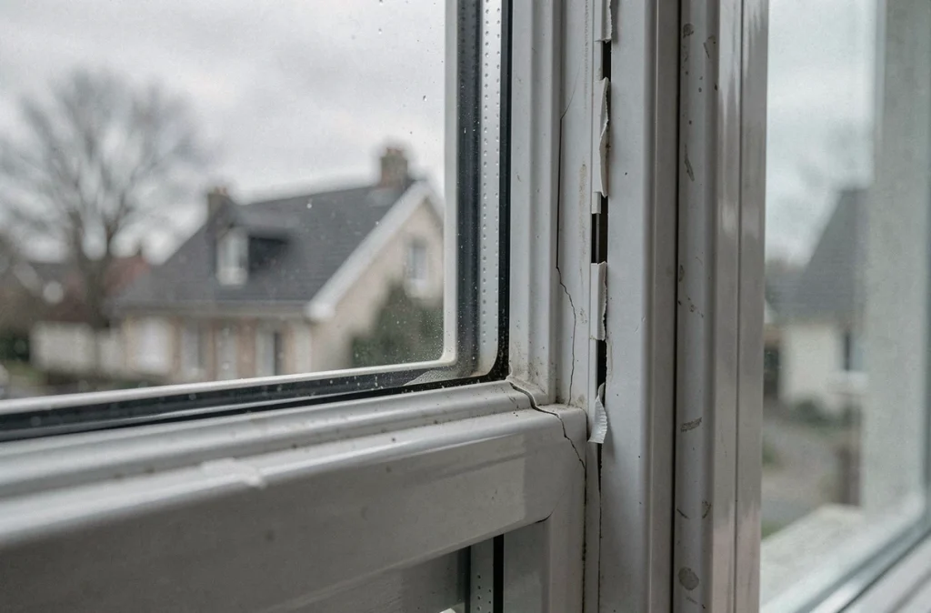 Gros plan sur une aération de fenêtre mal posée avec joints silicone fissurés et bords mal alignés sur un châssis PVC double vitrage