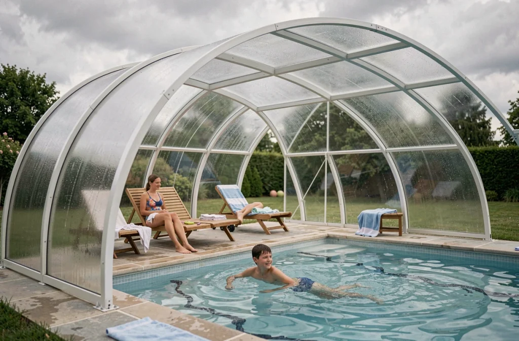 Famille profitant d'une piscine couverte sous un abri en polycarbonate par temps nuageux
