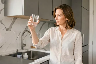 Femme examinant un verre d'eau filtrée dans une cuisine moderne avec système de filtration sous évier visible
