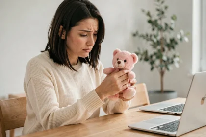Femme inspectant attentivement un ourson en peluche rose avant de passer commande, assise à une table en bois dans un appartement moderne