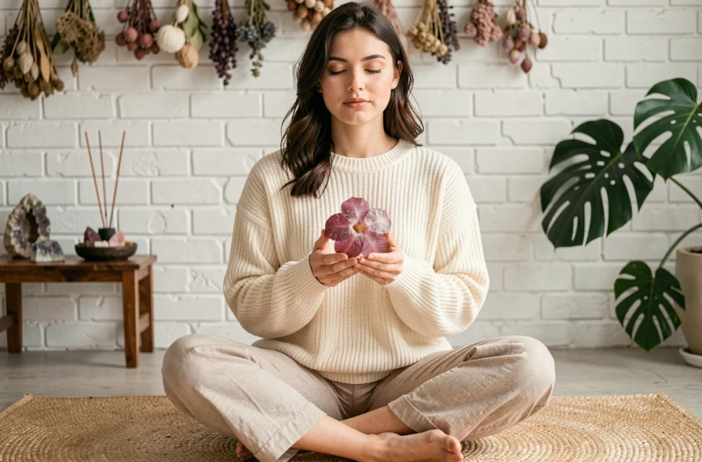 Femme tenant une pierre rose des sables lors d'une séance de méditation dans un studio de bien-être naturel et apaisant