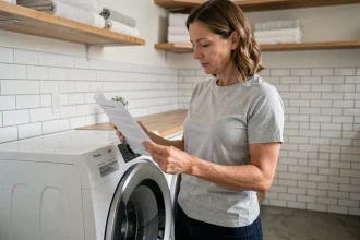 Femme consultant la notice d'un lave-linge Whirlpool 6th Sense dans une buanderie moderne