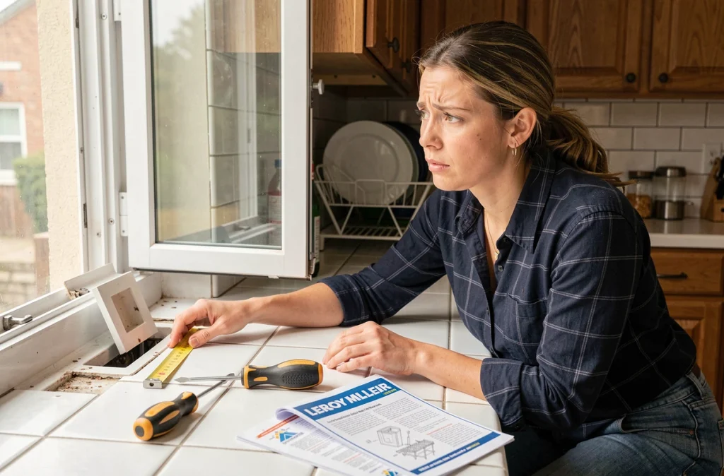 Femme examinant une aération de fenêtre mal installée dans une cuisine avec outils et notice Leroy Merlin posés sur le plan de travail