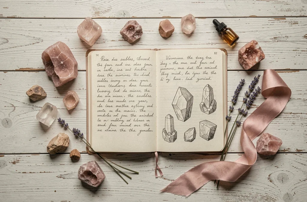 Composition à plat avec des pierres roses des sables, un journal illustré et des accessoires bien-être pour une tendance déco 2026