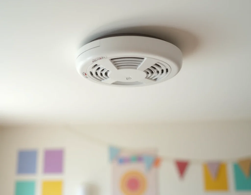 Gros plan d'un détecteur de fumée au plafond d'une chambre d'enfant avec voyant rouge clignotant