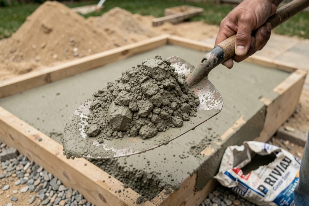 Gros plan sur une pelle chargée de béton frais dosé pour la réalisation d'une dalle extérieure