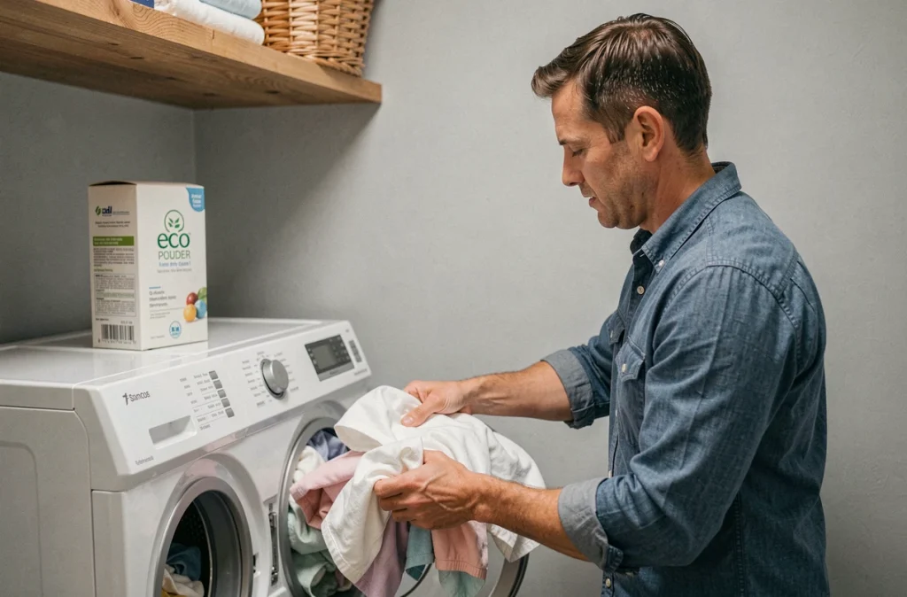 Homme chargeant son lave-linge avec une lessive en poudre sans parfum posée sur une étagère en bois