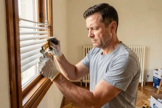 Homme installant une aération de fenêtre en PVC sur un cadre en bois dans un appartement français, avec niveau à bulle et gants de bricolage