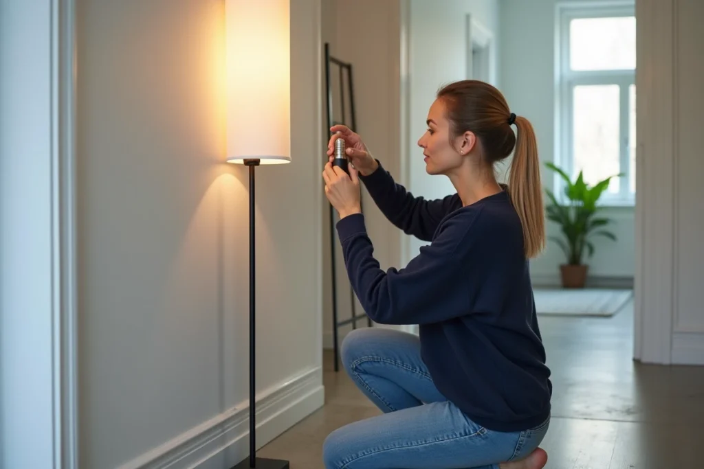 Femme installant une ampoule LED à petit culot dans un lampadaire de couloir d'appartement moderne