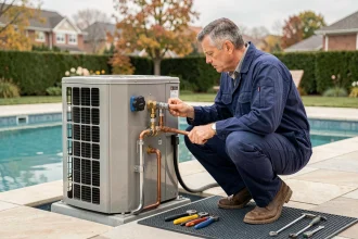 Technicien installant une pompe à chaleur pour piscine sur une terrasse en pierre