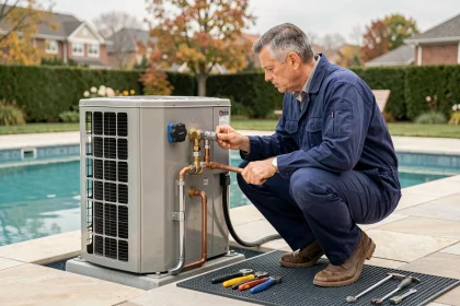 Technicien installant une pompe à chaleur pour piscine sur une terrasse en pierre